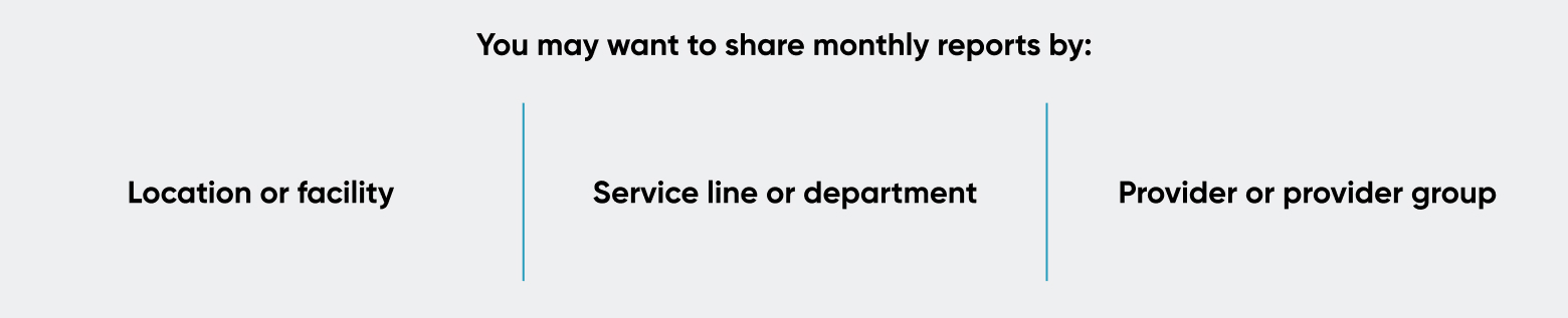 You may want to share monthly reports by: location or facility, service line or department, and/or provider or provider group.