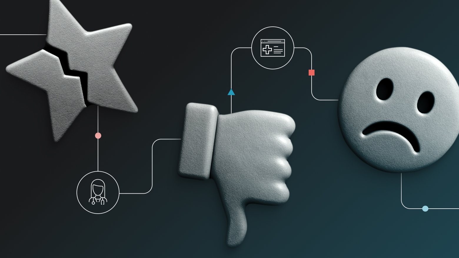 Illustration showing a broken star, a thumbs-down icon, and a sad face, connected by a line with medical-themed icons—representing negative experiences or reviews in a healthcare setting.