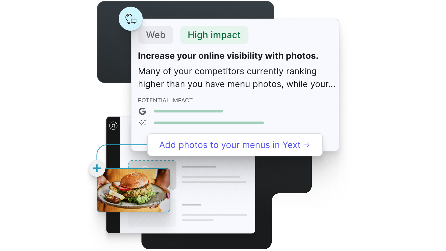Yext Scout visual showing priority-ranked recommendations to help brands improve their online visibility.