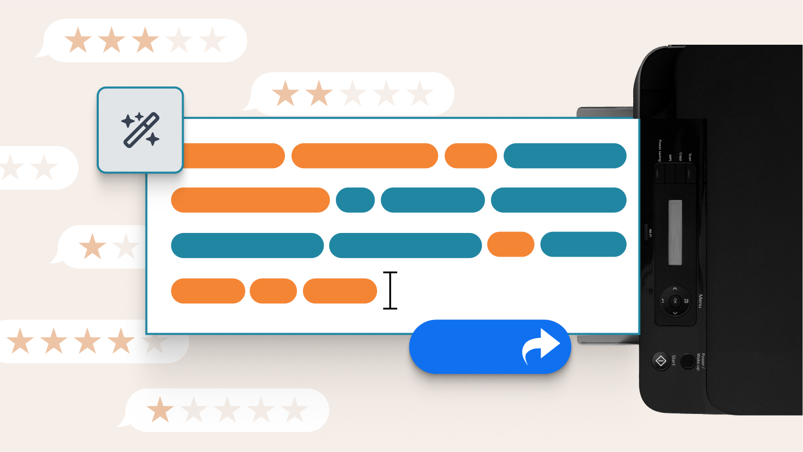 Image shows a printer with a digital image being "printed", and pilled out information in a review response box with a smart pen vector image that indicates AI helps create the review response.