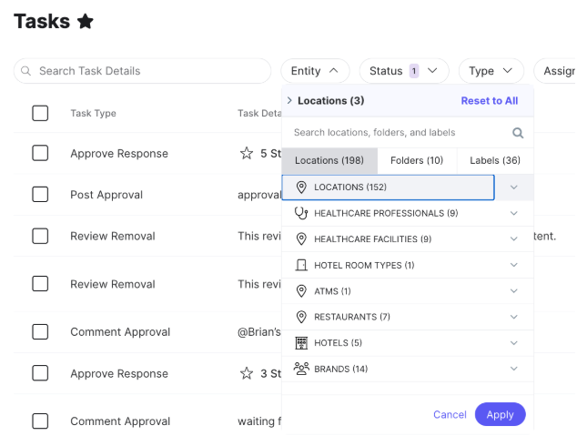 Tasks Filter by Entity